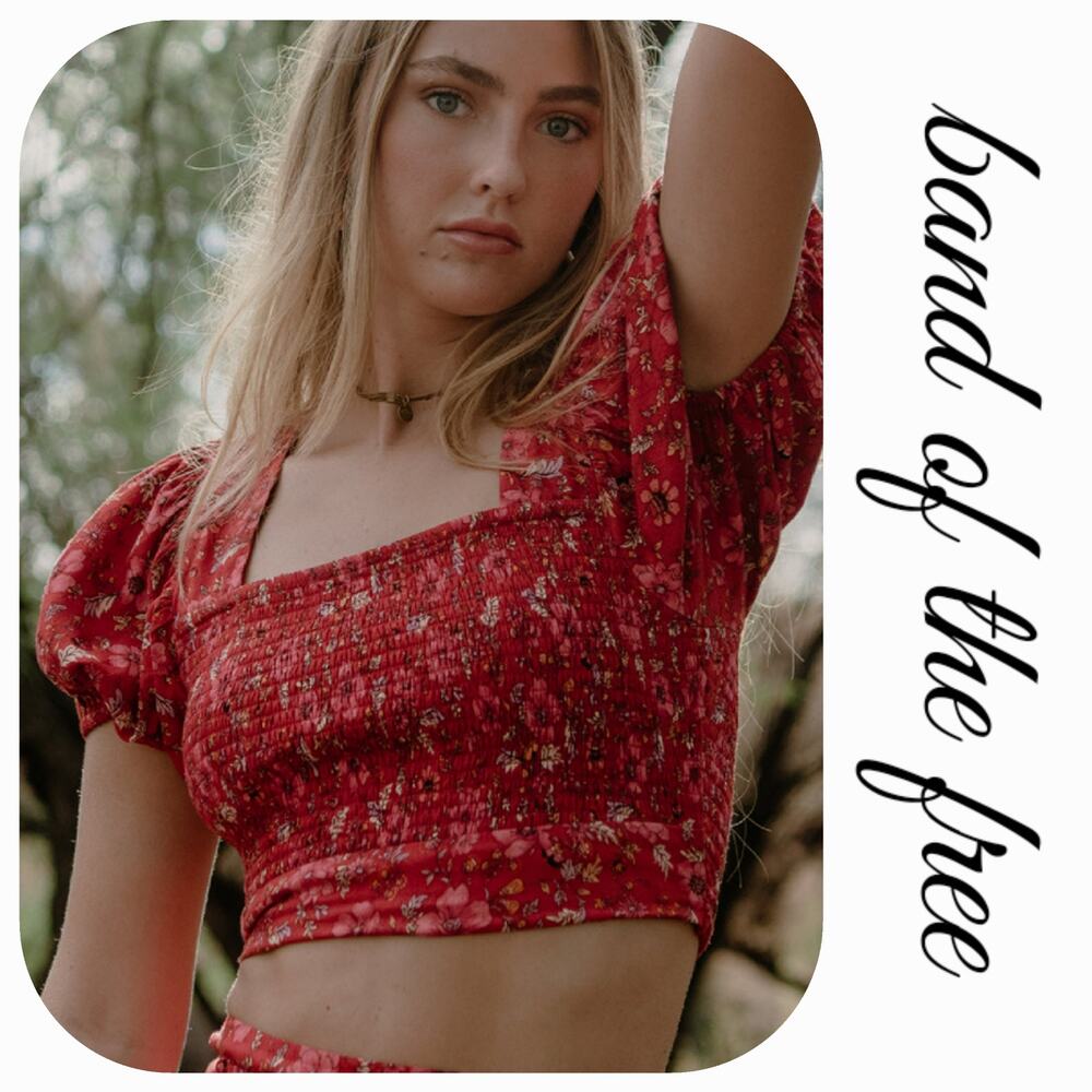 NWT Band Of The Free Joelle‎ Smocked Crop Top Square Neck Puff Sleeve Tie Back L